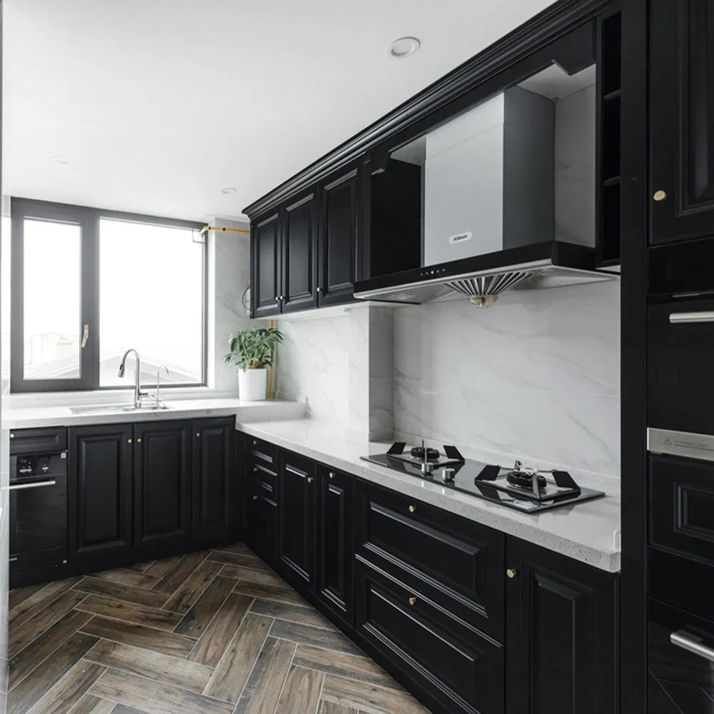 Solid Wood Shaker Door Kitchen Cabinet Unit Black Lacquer L Shape Kitchen Cabinet Pantry Furniture with Quartz Stone Countertop