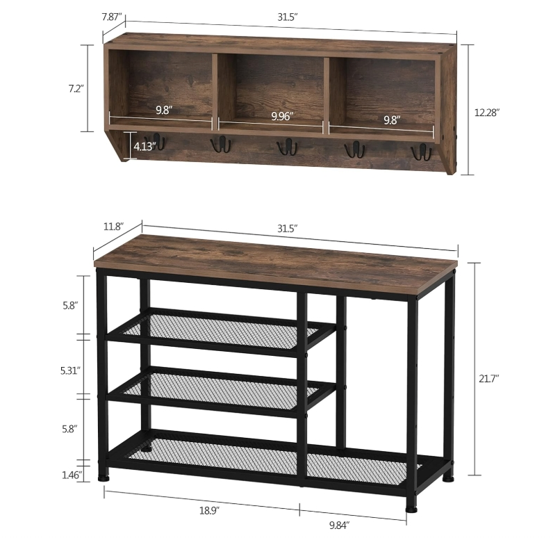 Coat Rack Shoe Bench Set Entryway Hall Tree with Bench Shoe Rack Wall Mounted Coat Rack 3 Storage Cubbies Display Shelf E (Brown)