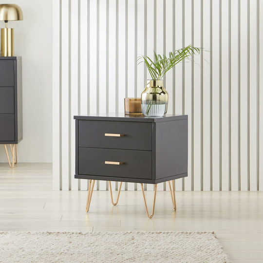 Modern Black White Wooden 2 Drawer Nightstands, Contemporary Storage Bedside Table, Industrial Cabinet Lamp Table