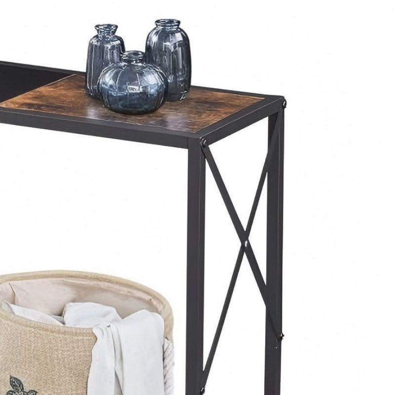 Industrial Black Metal X-Frame Rustic Wood Console Table with Bottom Storage Rack for Home Furniture