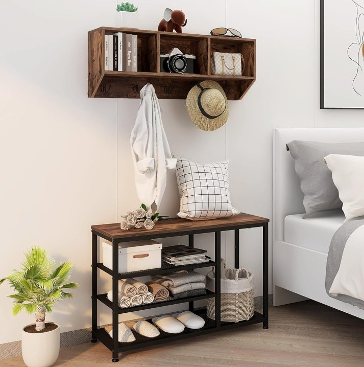 Coat Rack Shoe Bench Set Entryway Hall Tree with Bench Shoe Rack Wall Mounted Coat Rack 3 Storage Cubbies Display Shelf E (Brown)