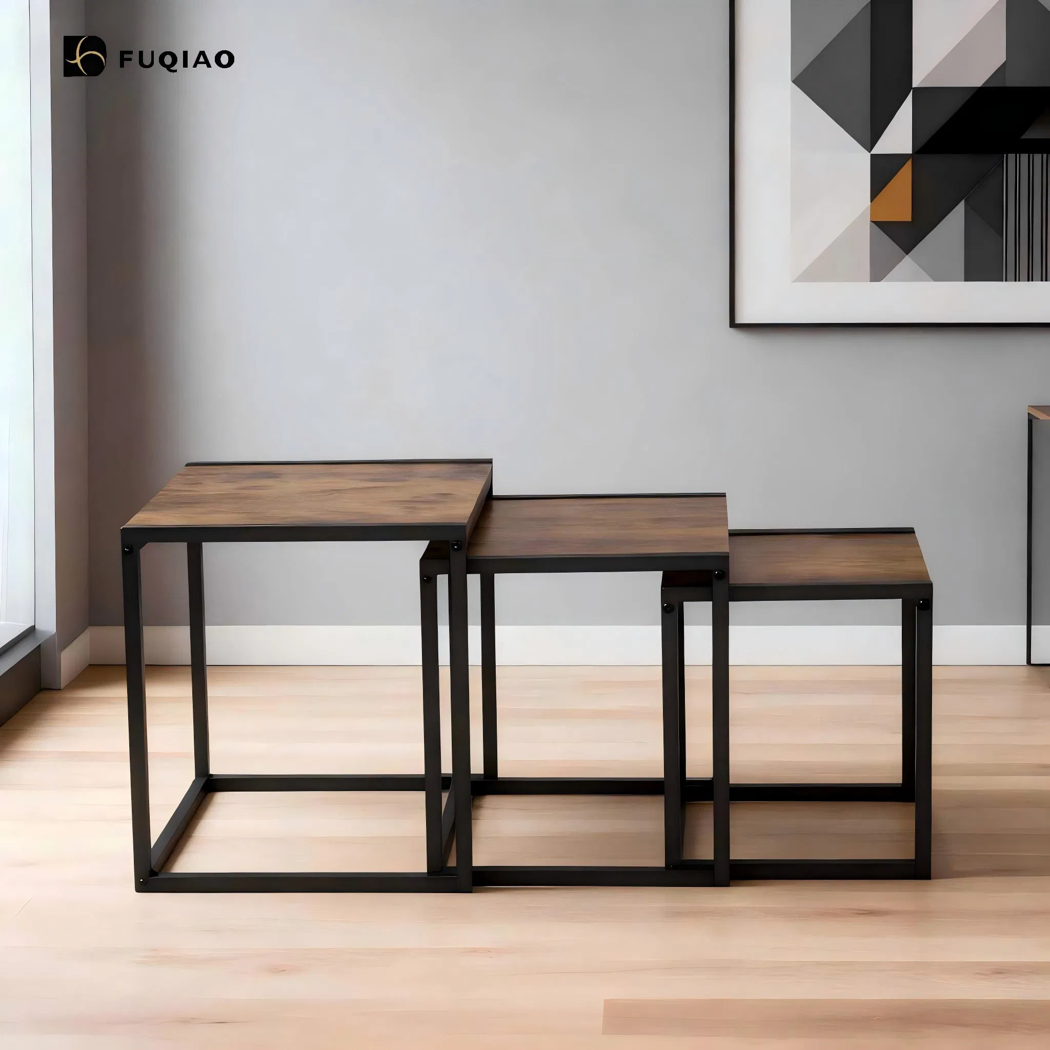 Industrial Loft Living Room Nesting Coffee Tables, 3-Piece Set, Antique Texture Solid Wood Panel, Stackable for Storage, Free Combination