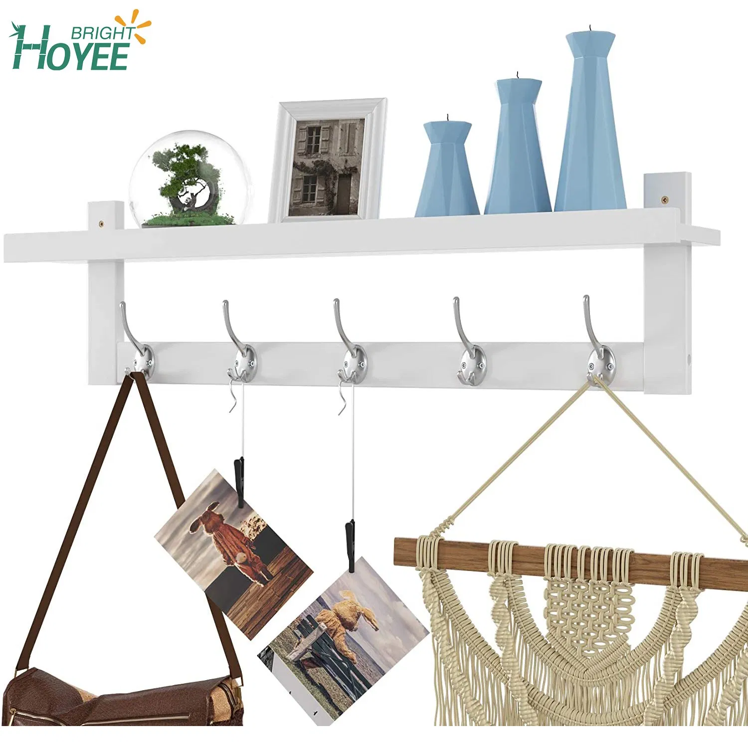 White Color Bamboo Entryway Wall Shelf Hanging Shelf 29 in L, Wall-Mounted Coat Hook Rack with 5 Dual Metal Hooks for Hallway, Bathroom, Living Room, Bedroom