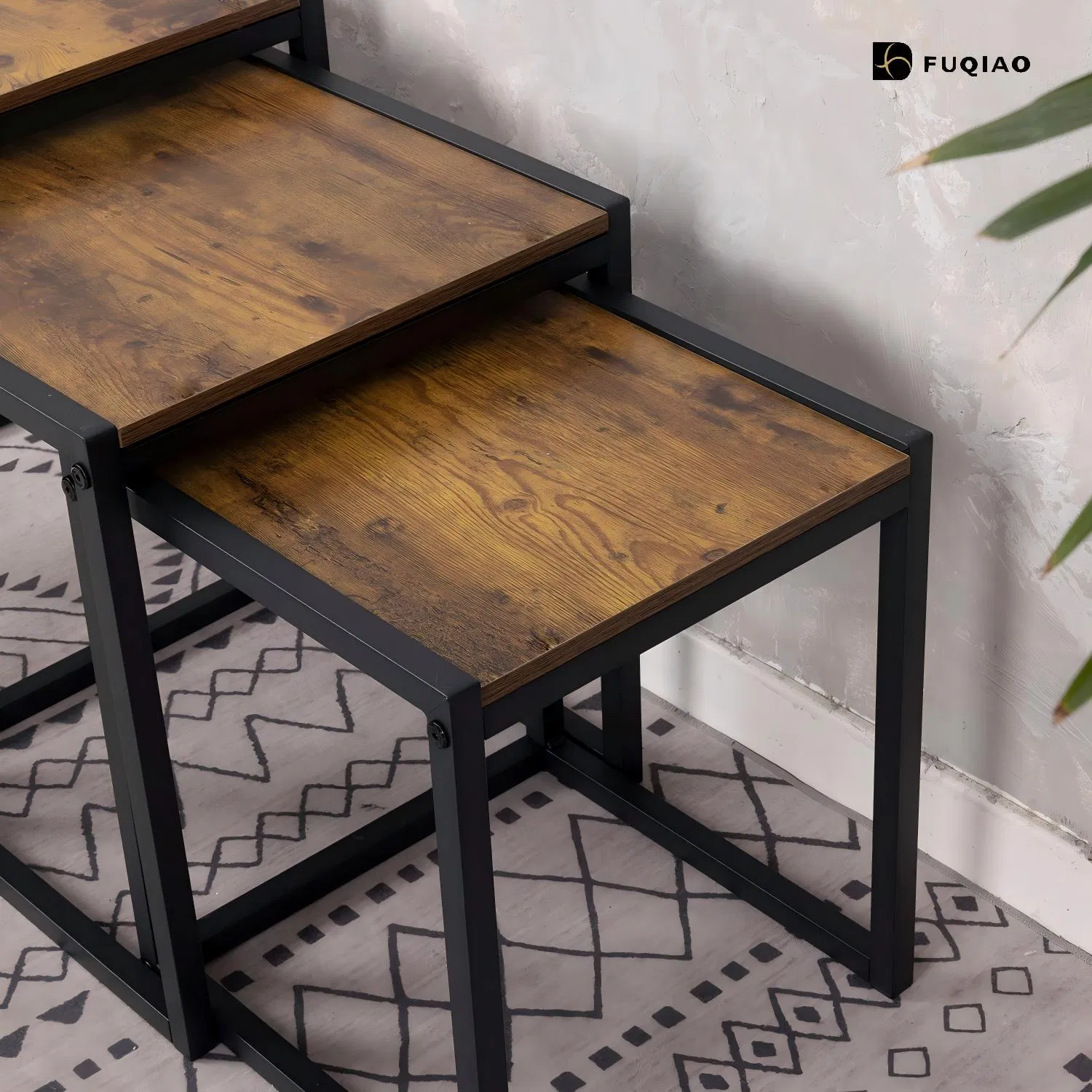 Industrial Loft Living Room Nesting Coffee Tables, 3-Piece Set, Antique Texture Solid Wood Panel, Stackable for Storage, Free Combination