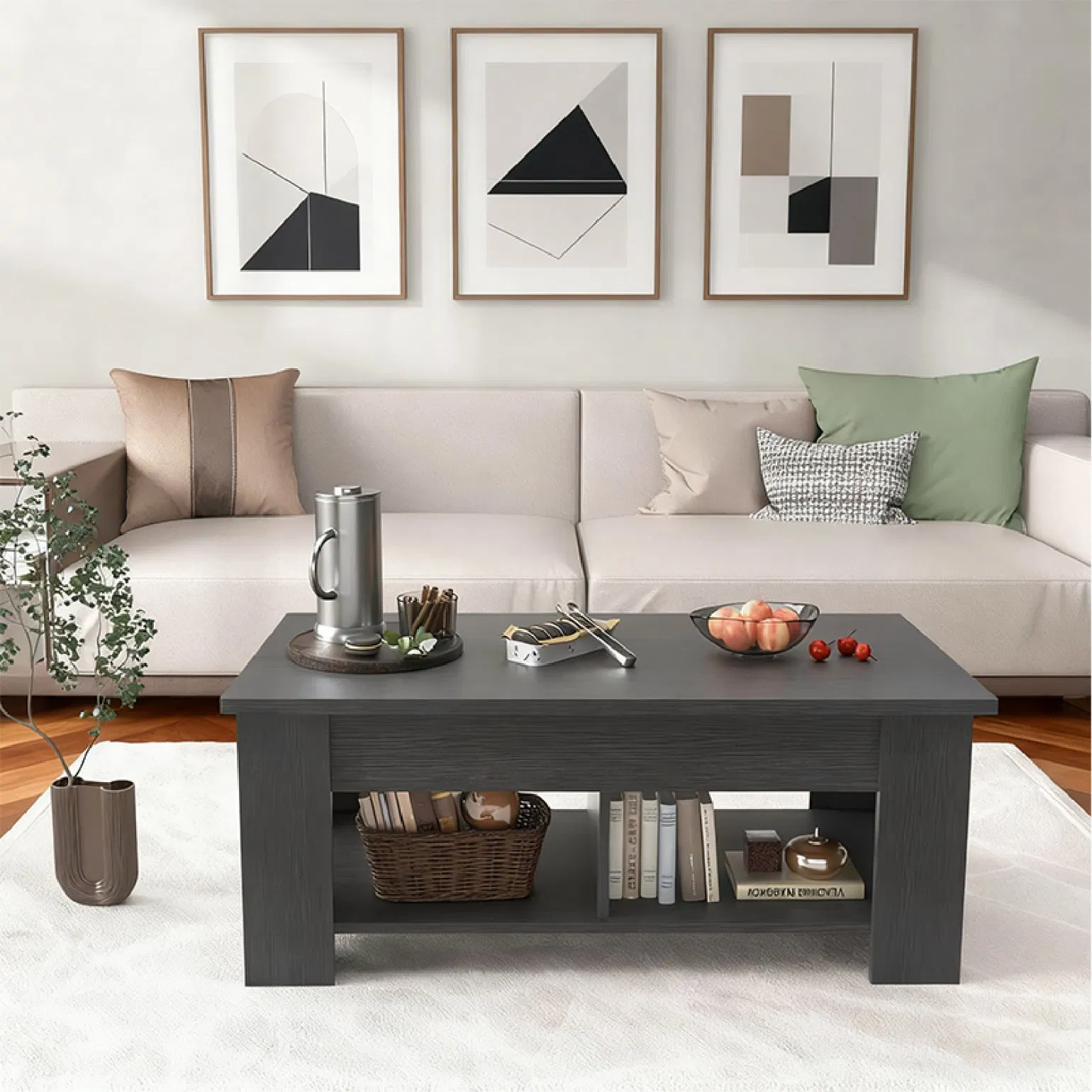 Modern Lifting Platform Coffee Table with Hidden Storage and Low Wooden Legs Side Table