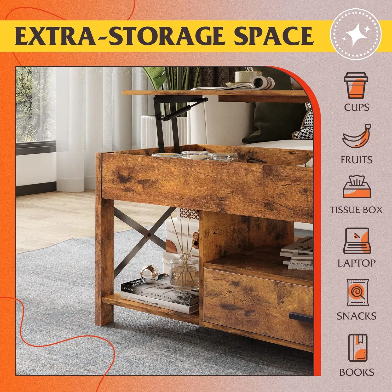 Lift Coffee Table Storage Concealed Compartments Metal Frame