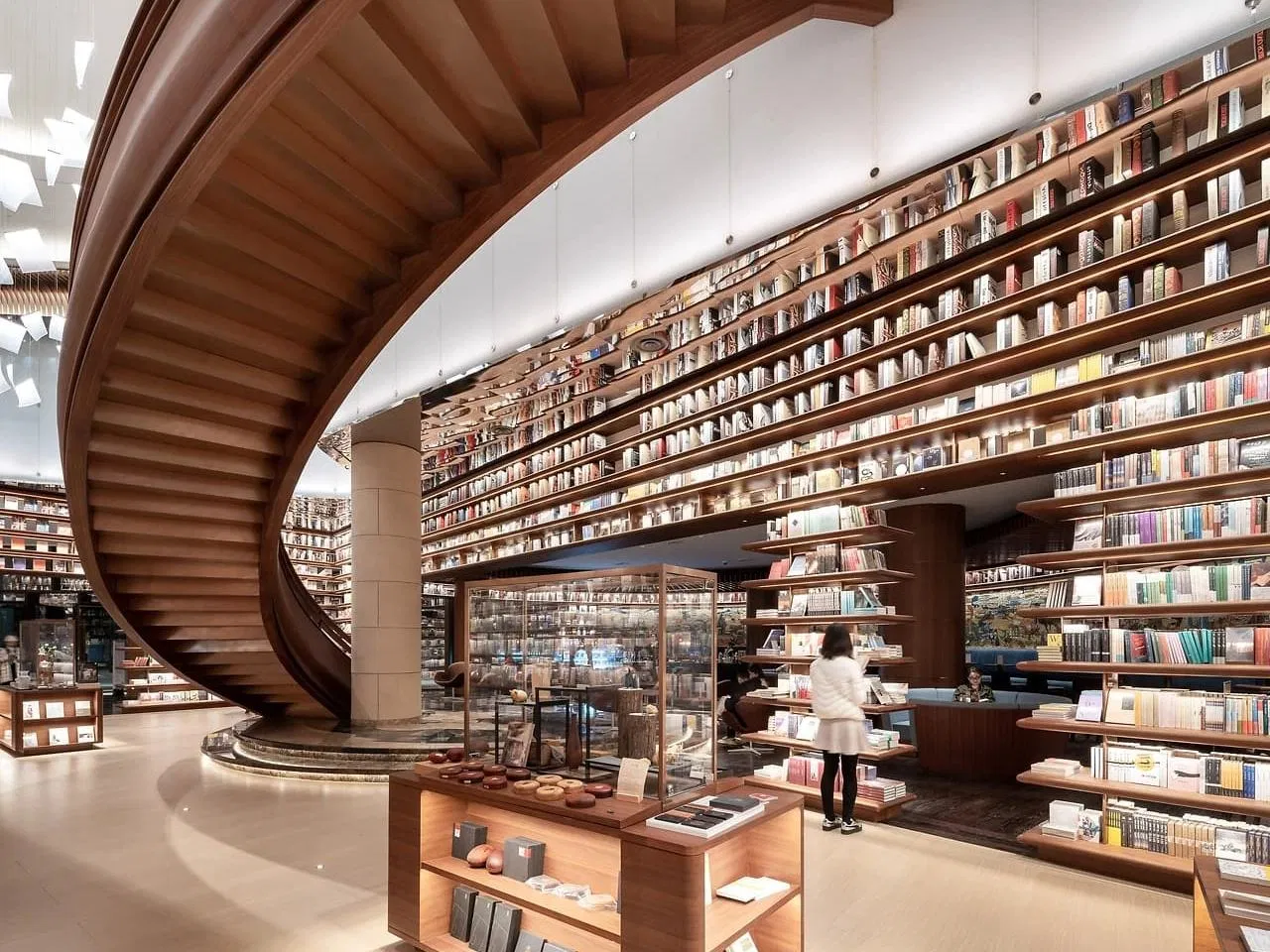 Elegant Custom Library Wooden Display LED Lighting Bookshelves Cabinets for Bookstore Interior Layout Design