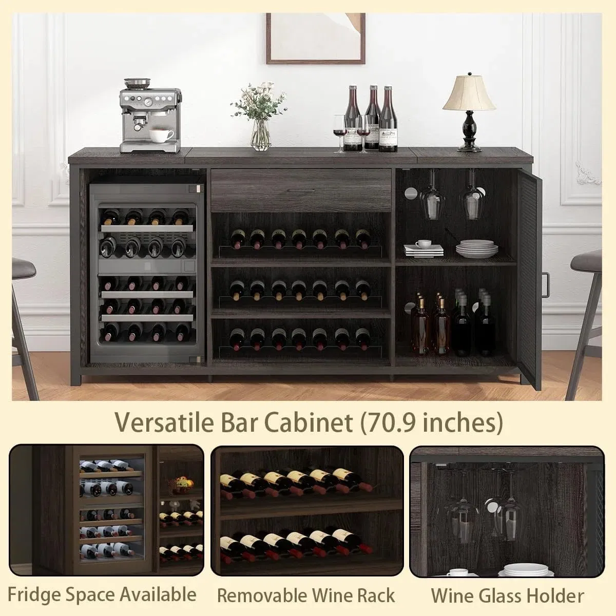Modern Wood Grain Metal Large Wine Liquor Cabinet with Rack
