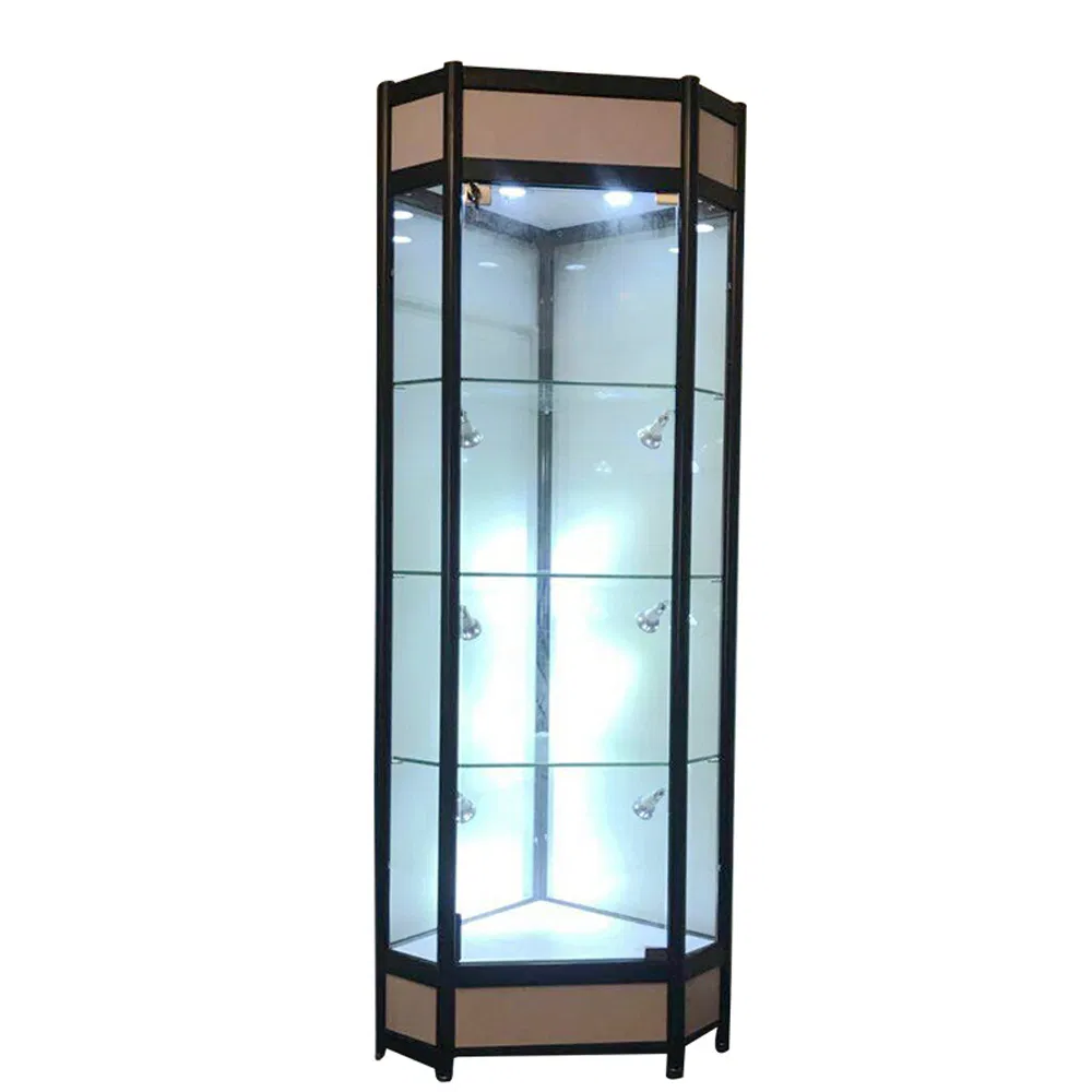 High End Corner Display Cabinet in Gold/Black/Silver/White with Thickened Base and LED Light Box Made of Wood/Metal/Glass/Acrylic/MDF for Toy/Garage Kit Display