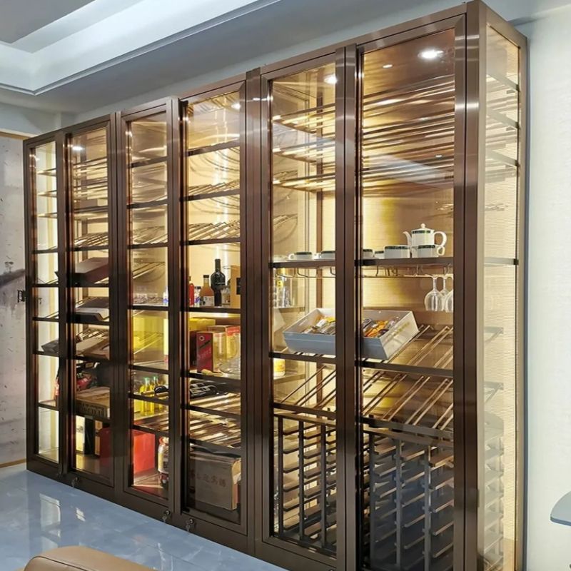 Custom Gold Stainless Steel Wine Cabinet Bar Wine Rack with Glass Door
