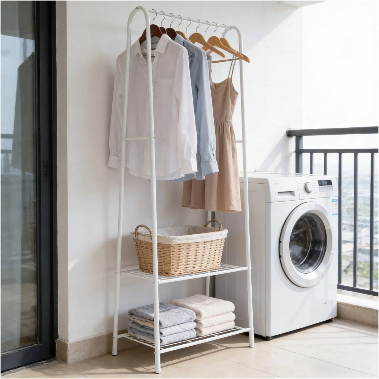 Compact Vertical Coat Rack - 2 Storage Shelves &amp; Clothing Hanger Rod, White Metal Coat Rack for Entryway Organization
