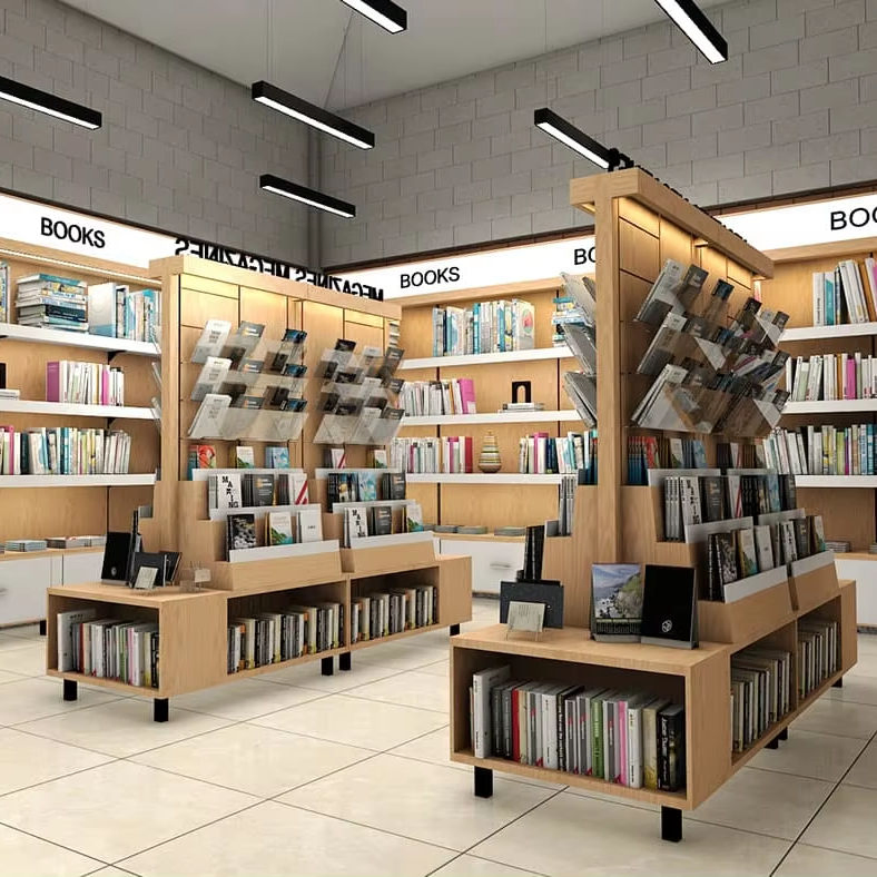 Customized Wooden LED Library Book Cabinet - Coffee Book Shop School Display Shelf Furniture Factory