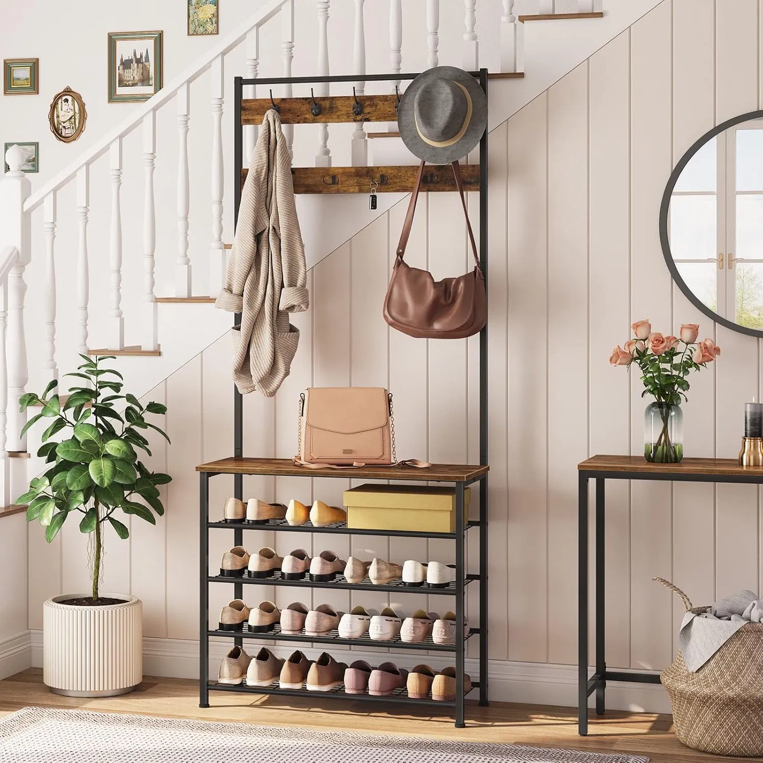 5-Tier Entryway Coat Rack Furniture Rustic Industrial Hall Tree with Bench and Shoe Storage