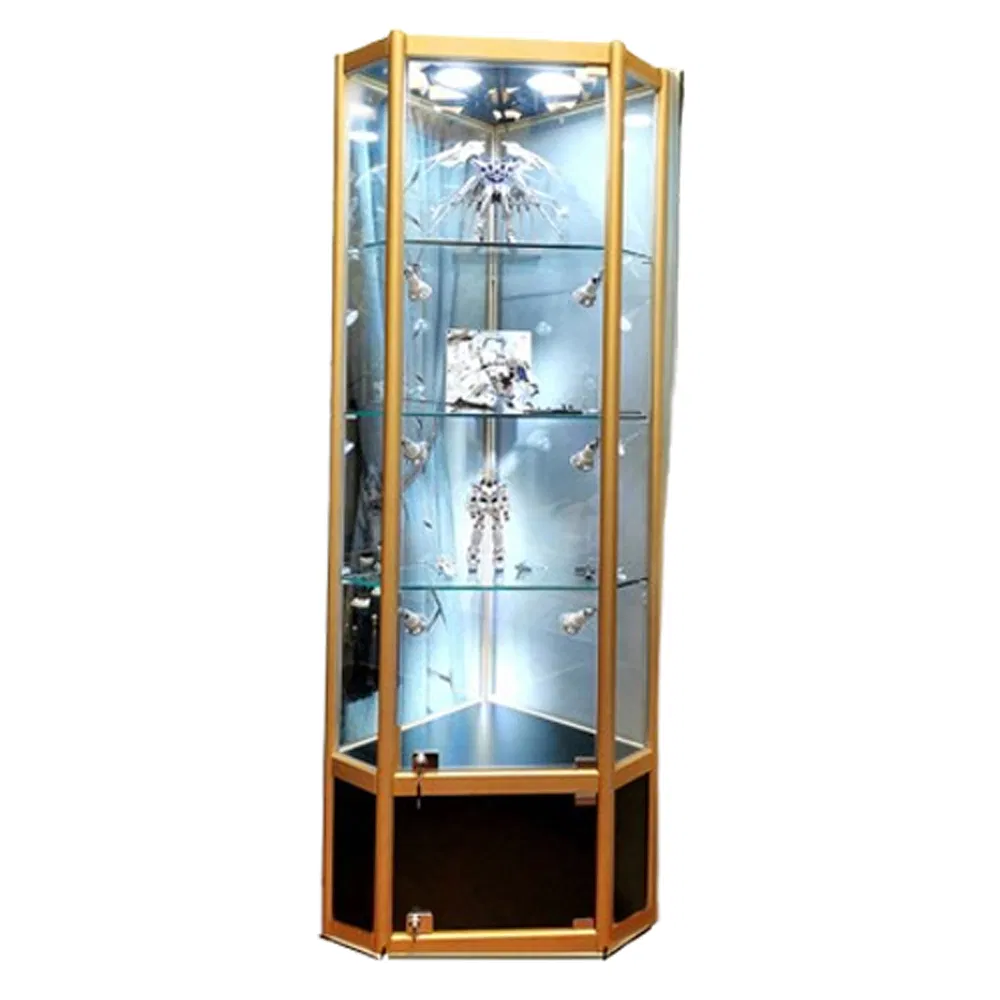 High End Corner Display Cabinet in Gold/Black/Silver/White with Thickened Base and LED Light Box Made of Wood/Metal/Glass/Acrylic/MDF for Toy/Garage Kit Display