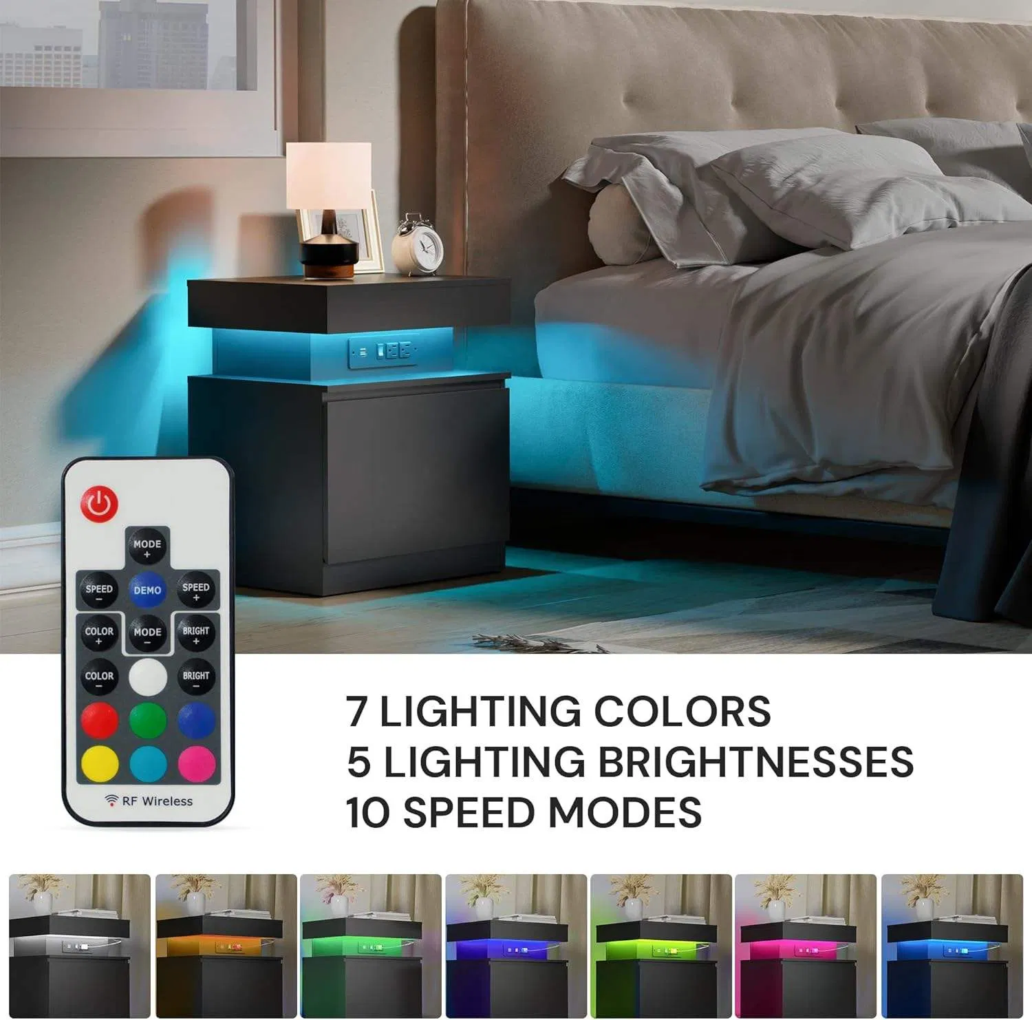 Smart Bedside Table with LED Lights-USB Nightstand Drawer for Bedroom
