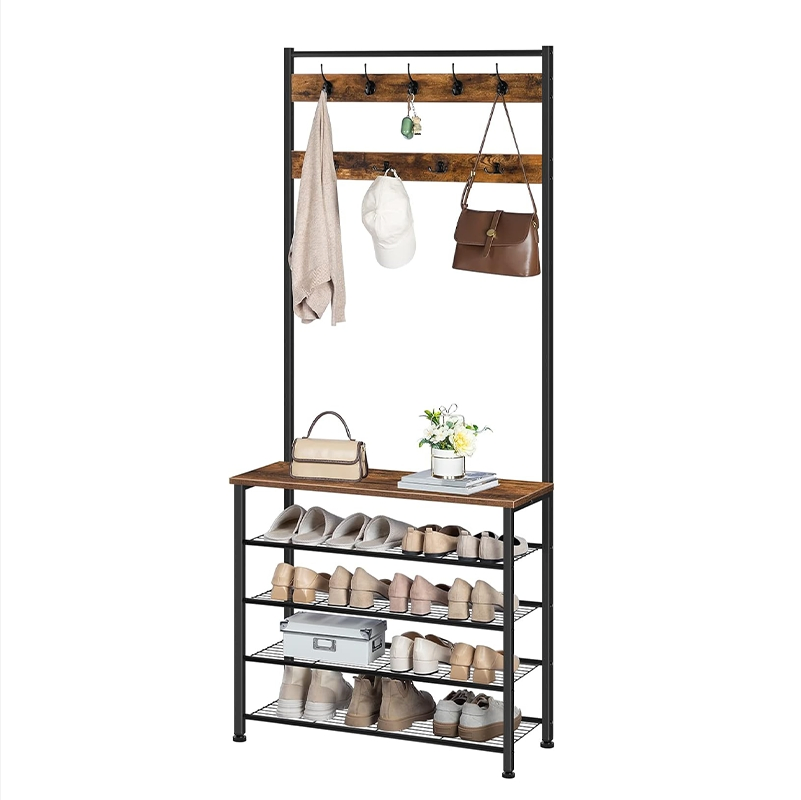 5-Tier Entryway Coat Rack Furniture Rustic Industrial Hall Tree with Bench and Shoe Storage