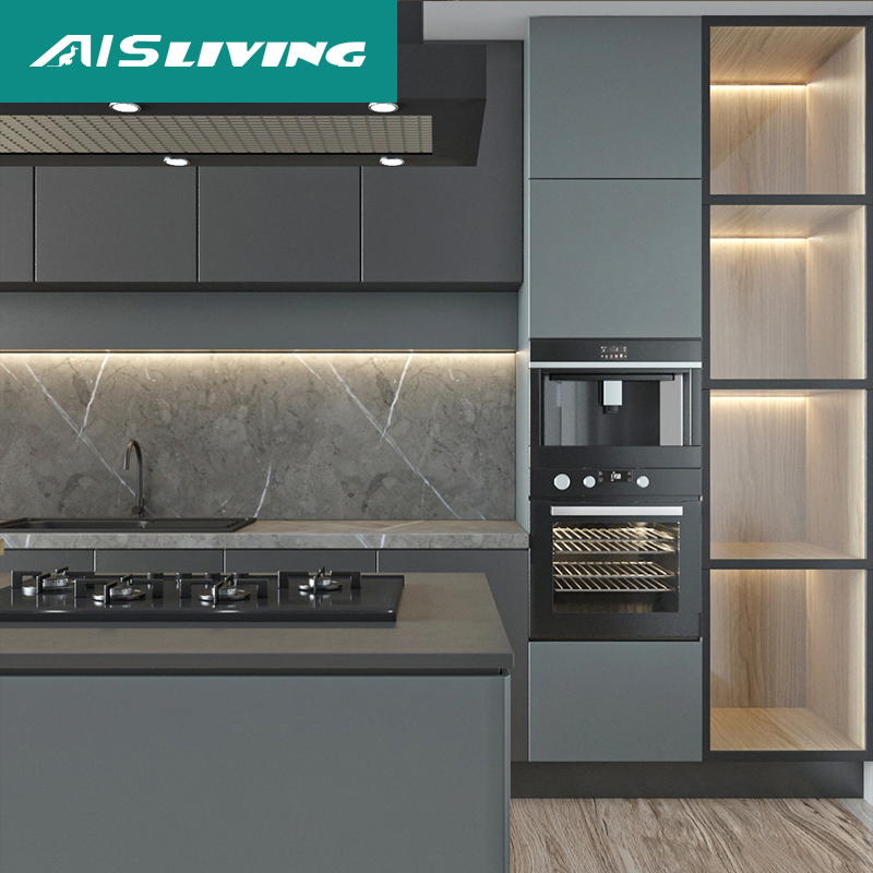 China Dark Gray 12 Inch Deep Aluminum Wall Microwave Pantry Cupboard Unit Painting Over Painted Kitchen Cabinets for Sale