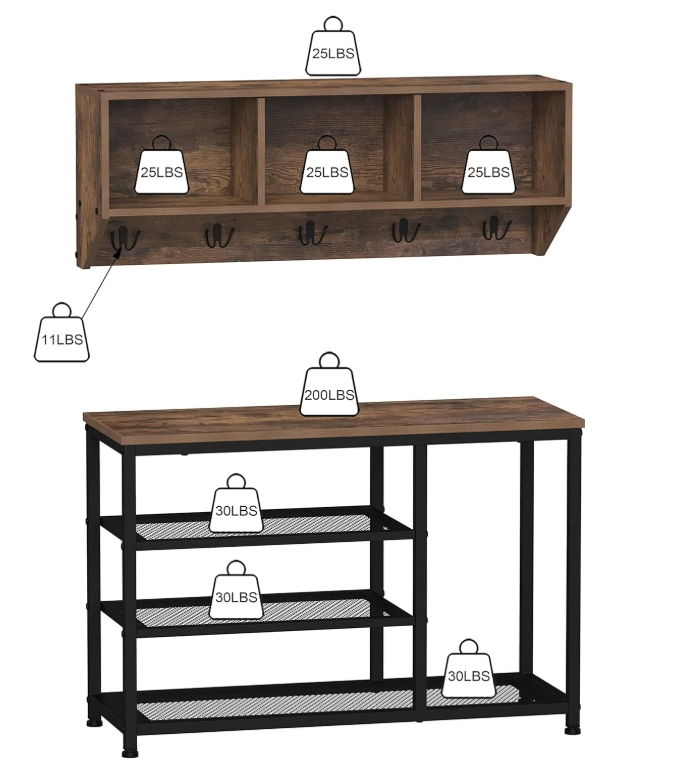 Coat Rack Shoe Bench Set Entryway Hall Tree with Bench Shoe Rack Wall Mounted Coat Rack 3 Storage Cubbies Display Shelf E (Brown)