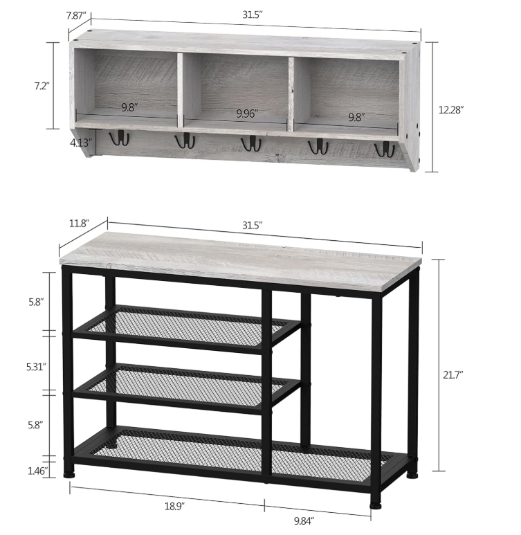 Coat Rack Shoe Bench Set Entryway Hall Tree with Bench Shoe Rack Wall Mounted Coat Rack 3 Storage Cubbies Display Shelf (Grey)