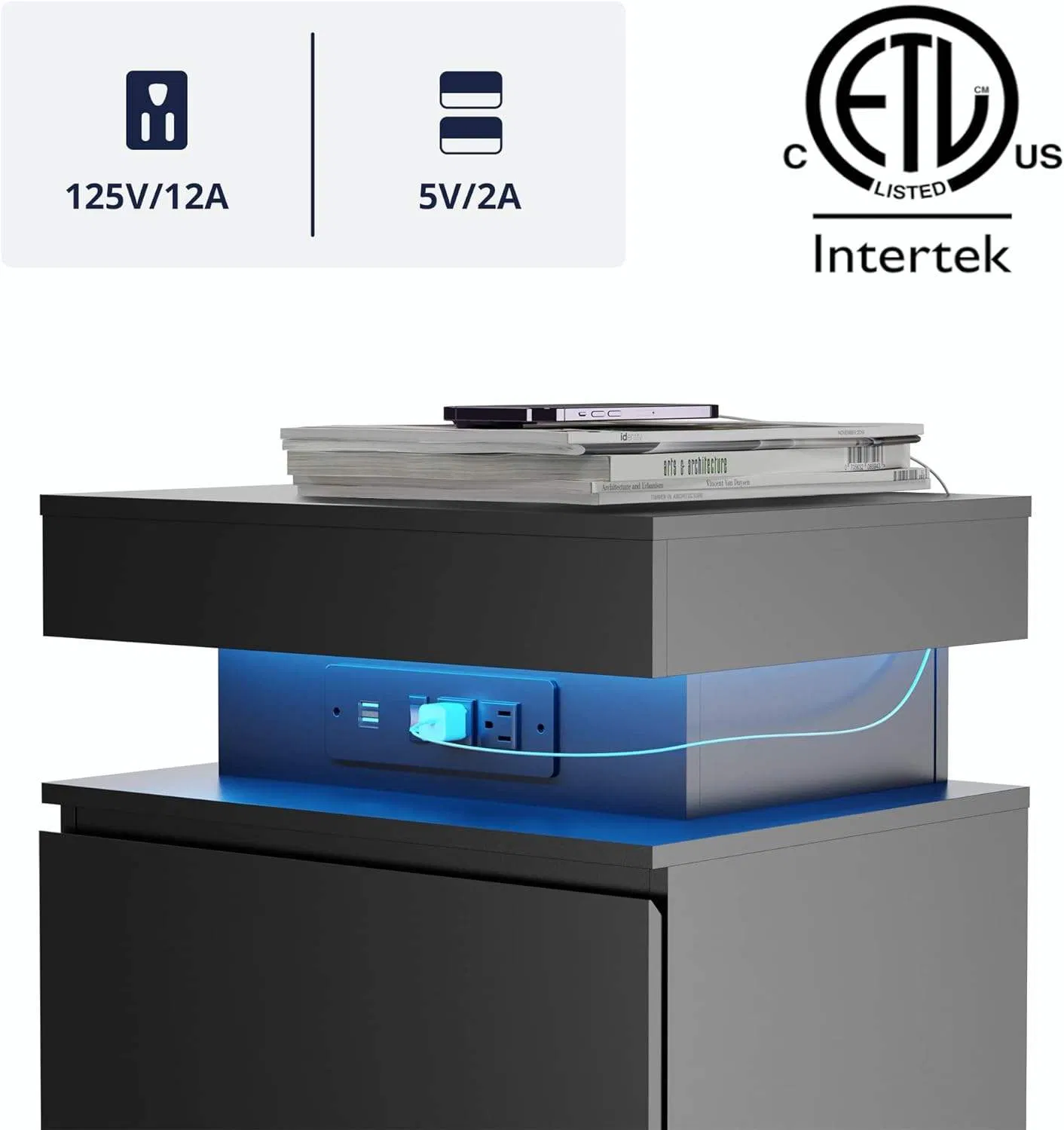 Smart Bedside Table with LED Lights-USB Nightstand Drawer for Bedroom