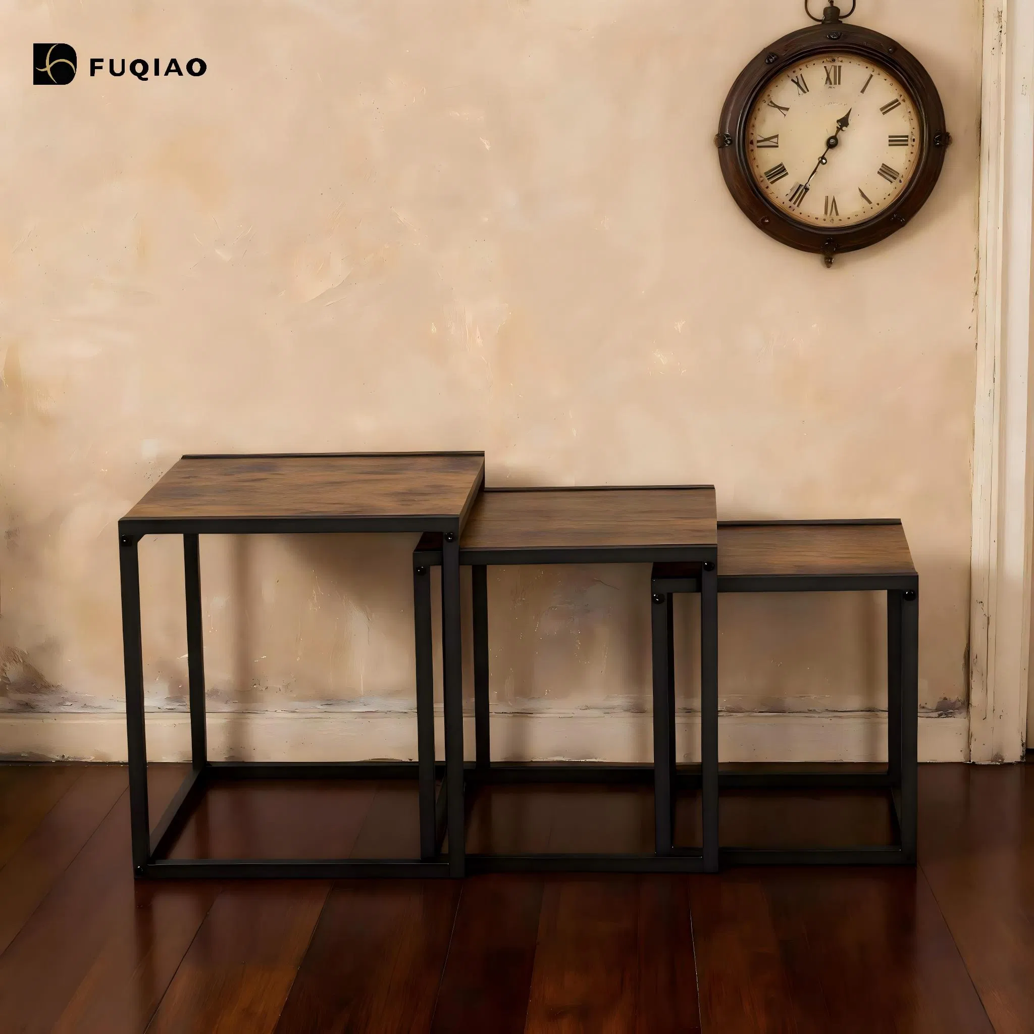 Industrial Loft Living Room Nesting Coffee Tables, 3-Piece Set, Antique Texture Solid Wood Panel, Stackable for Storage, Free Combination