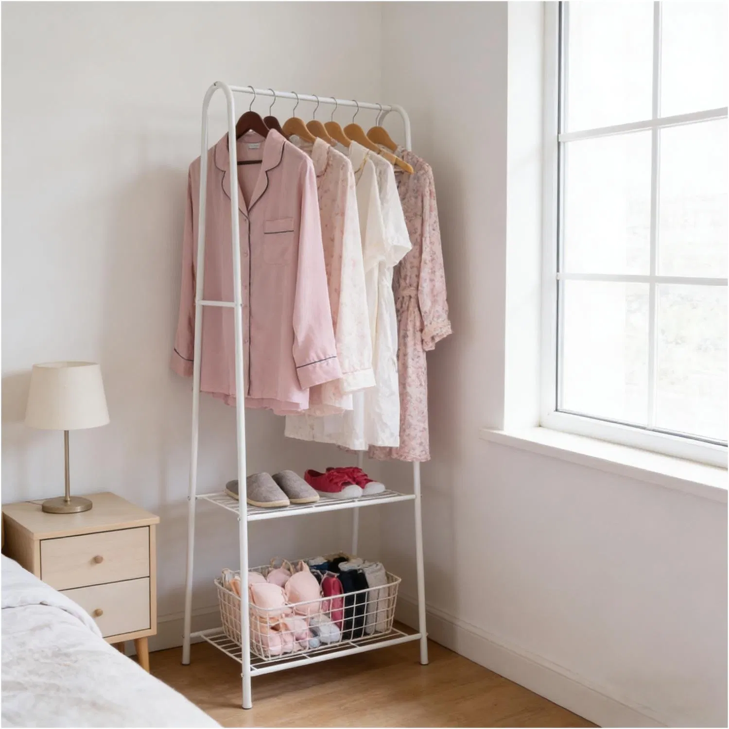 Compact Vertical Coat Rack - 2 Storage Shelves &amp; Clothing Hanger Rod, White Metal Coat Rack for Entryway Organization