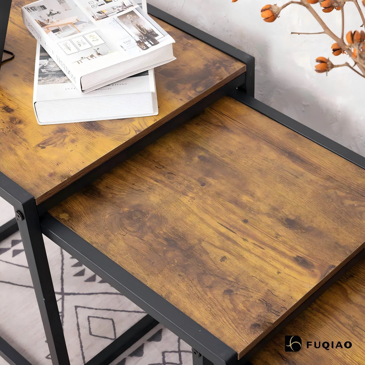 Industrial Loft Living Room Nesting Coffee Tables, 3-Piece Set, Antique Texture Solid Wood Panel, Stackable for Storage, Free Combination