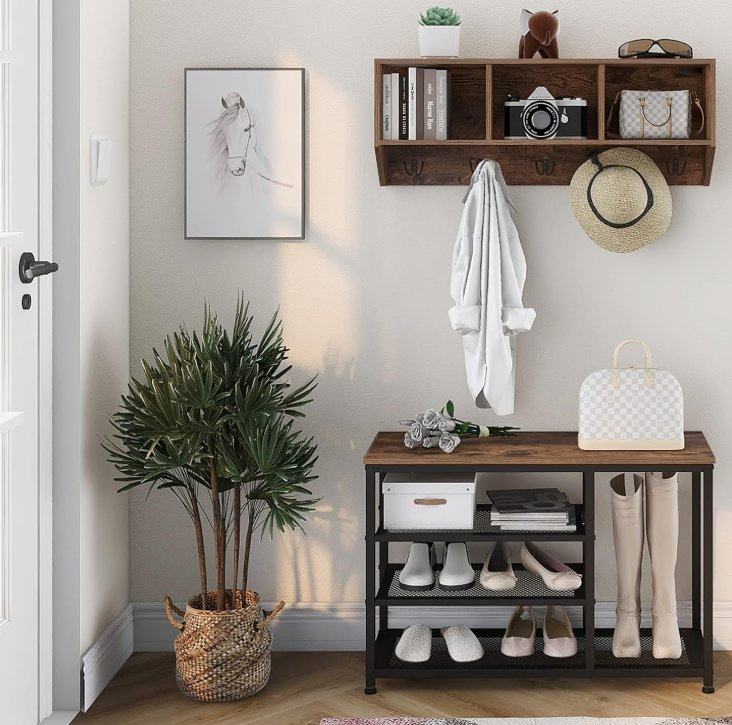 Coat Rack Shoe Bench Set Entryway Hall Tree with Bench Shoe Rack Wall Mounted Coat Rack 3 Storage Cubbies Display Shelf E (Brown)