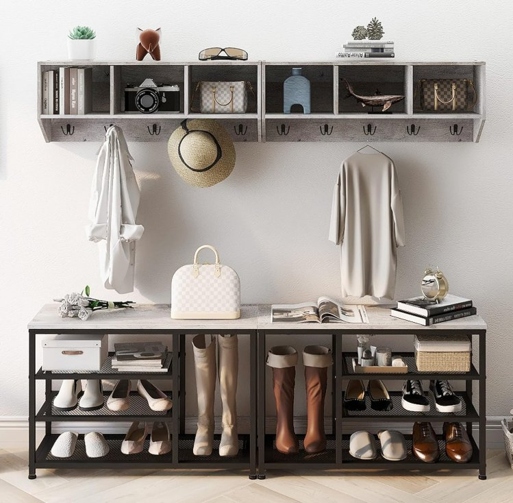 Coat Rack Shoe Bench Set Entryway Hall Tree with Bench Shoe Rack Wall Mounted Coat Rack 3 Storage Cubbies Display Shelf (Grey)