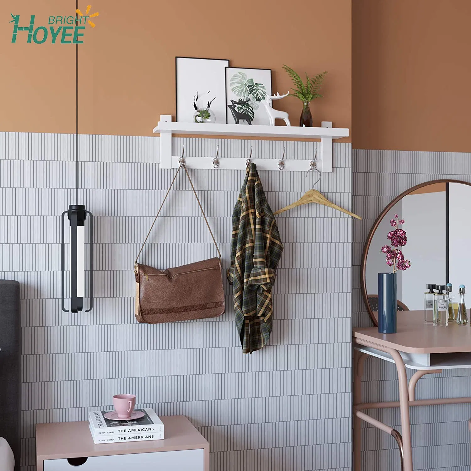 White Color Bamboo Entryway Wall Shelf Hanging Shelf 29 in L, Wall-Mounted Coat Hook Rack with 5 Dual Metal Hooks for Hallway, Bathroom, Living Room, Bedroom