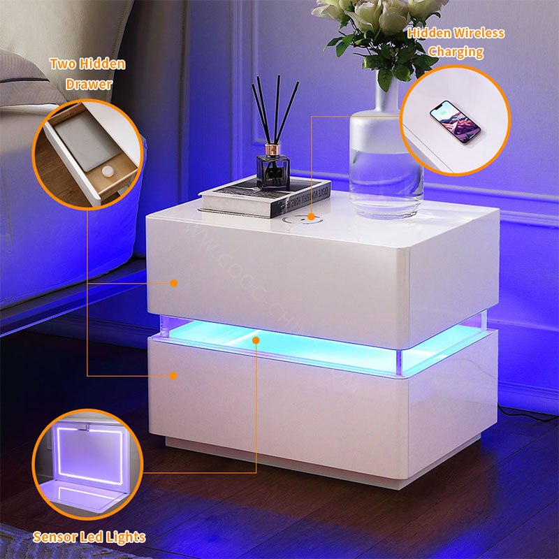Modern White Acrylic Intelligent LED Light Night Stand Smart Bedside Table with Wireless Charging