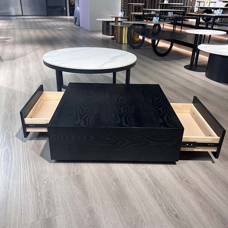 European Modern Design Luxury Living Room Home Furniture Set Side Table Wood Storage Black Round Rock Slab Coffee Table