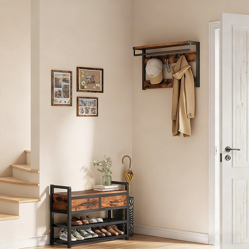 Durable Detachable Entryway Coat Rack Vintage Brown Entryway Cabinet with Drawer Bench and Shoe Storage