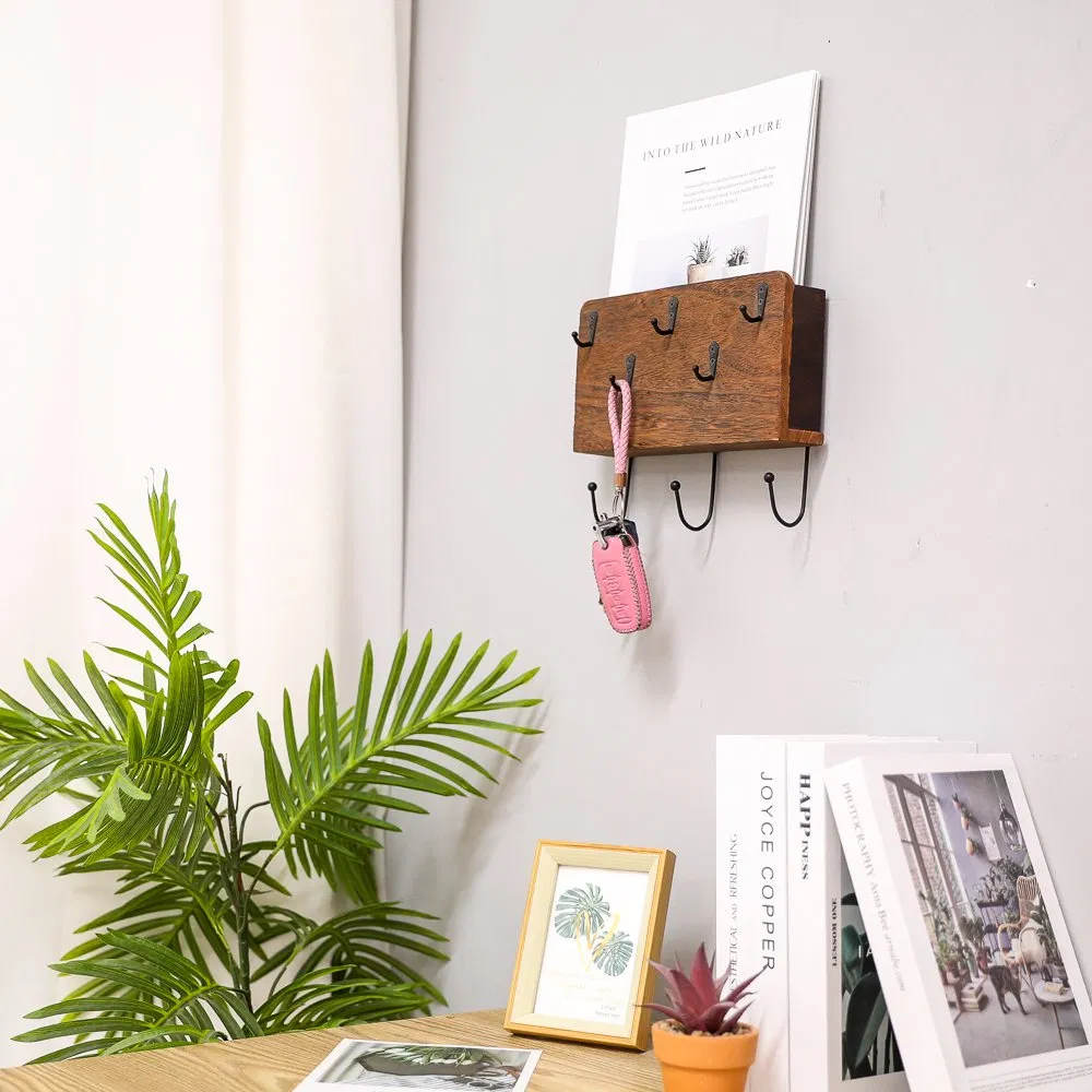 Customized Durable Rustic Wooden Coat Rack with Hooks Wall Mounted Hanger Entryway Floating Shelf Solid Wood Mail and Key Holder Rack