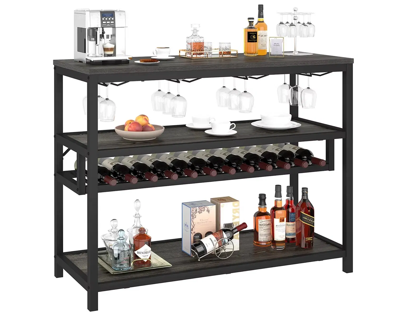 Freestanding Wood-Metal Wine Rack Bar Cabinet with Glass Holder