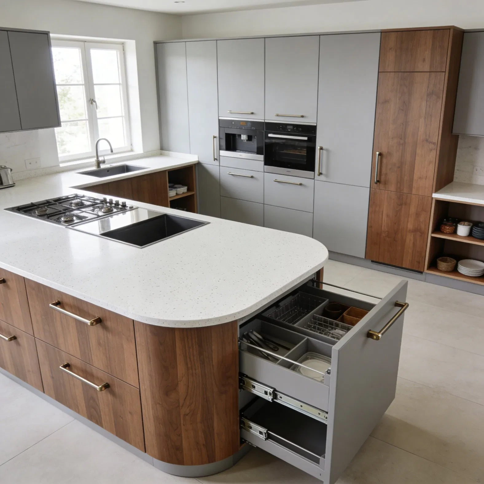 High-Gloss Grey &amp; Wood Kitchen Cabinets Custom Storage Solutions with Pull-out Baskets &amp; Tall Pantry