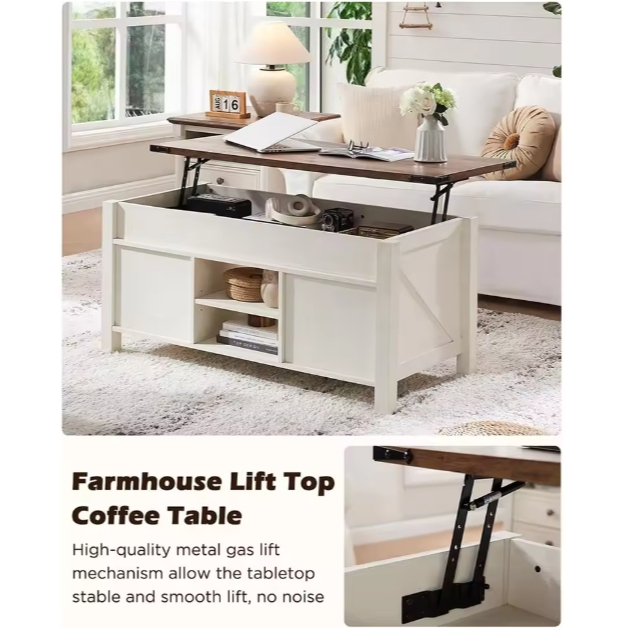 Adjustable Shelf Lift Top Coffee Table with Sliding Barn Door Hidden Storage