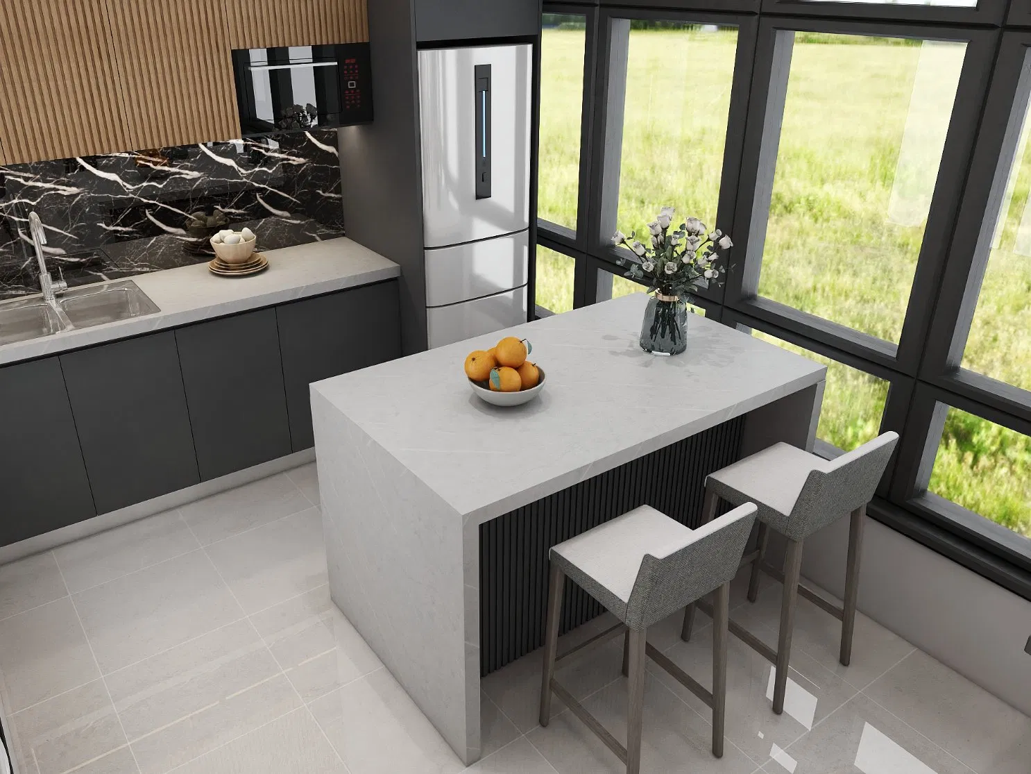 Small Kitchen Cabinet Modern Black and Wood Tone Pantry