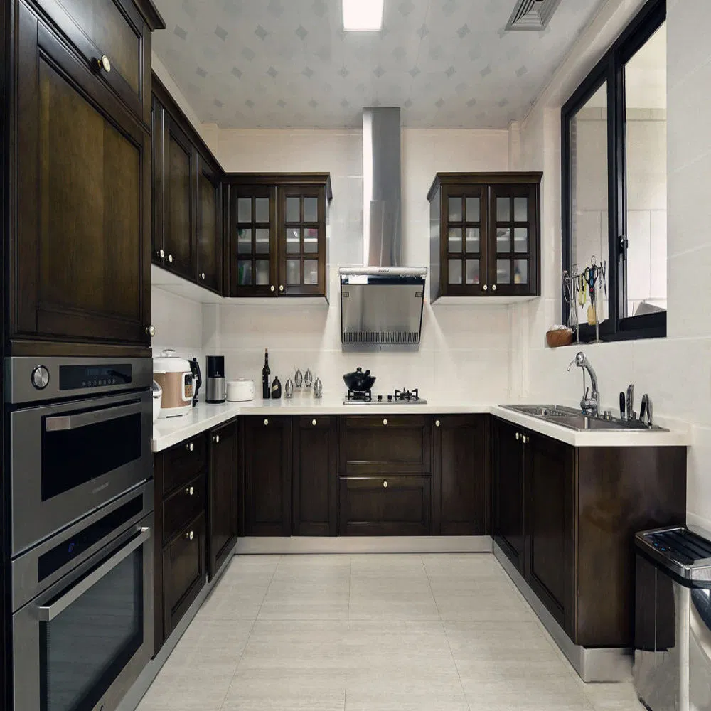 Solid Wood Shaker Door Kitchen Cabinet Unit Black Lacquer L Shape Kitchen Cabinet Pantry Furniture with Quartz Stone Countertop