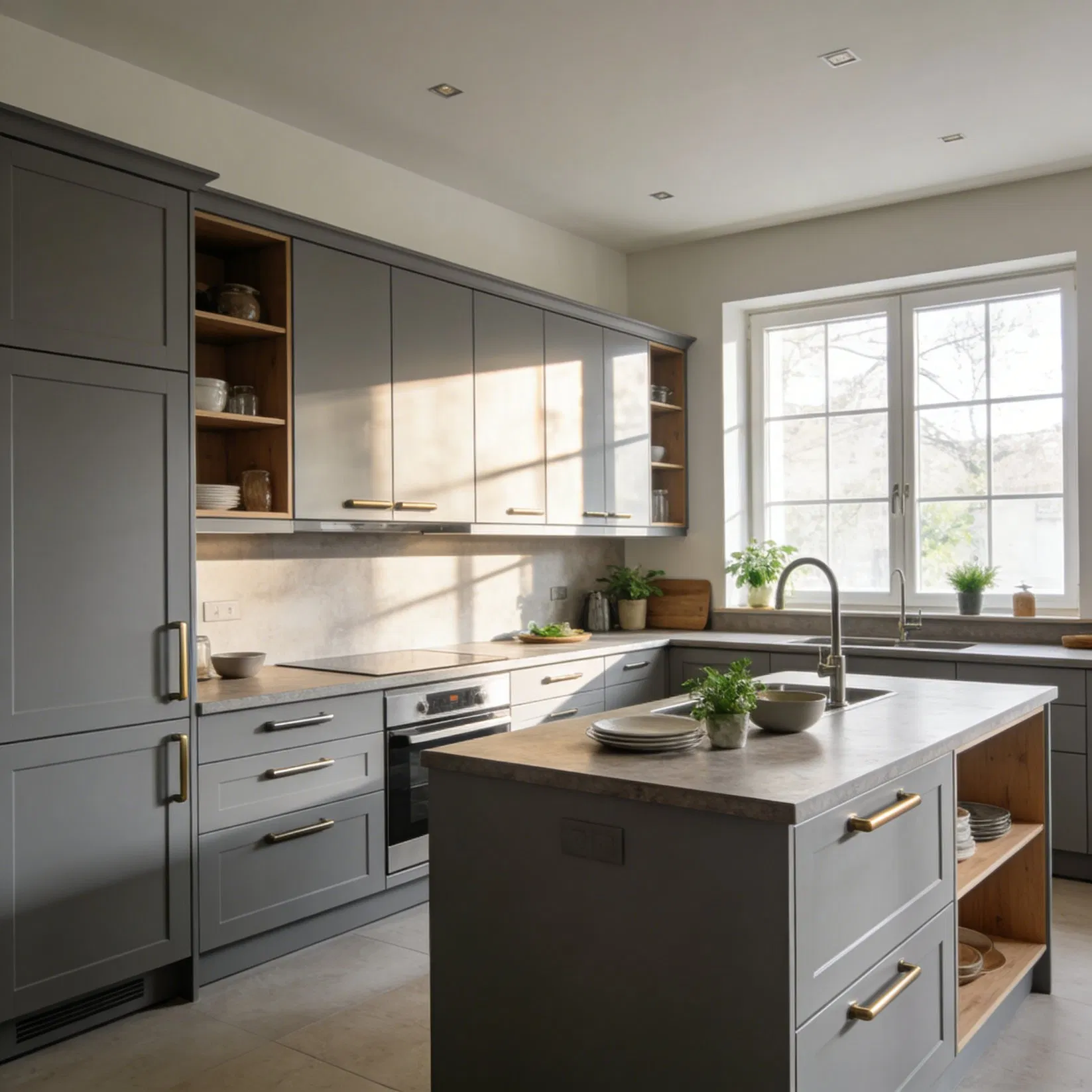 High-Gloss Grey &amp; Wood Kitchen Cabinets Custom Storage Solutions with Pull-out Baskets &amp; Tall Pantry