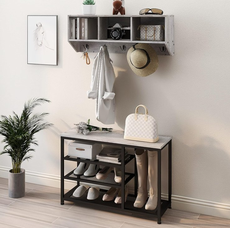Coat Rack Shoe Bench Set Entryway Hall Tree with Bench Shoe Rack Wall Mounted Coat Rack 3 Storage Cubbies Display Shelf (Grey)