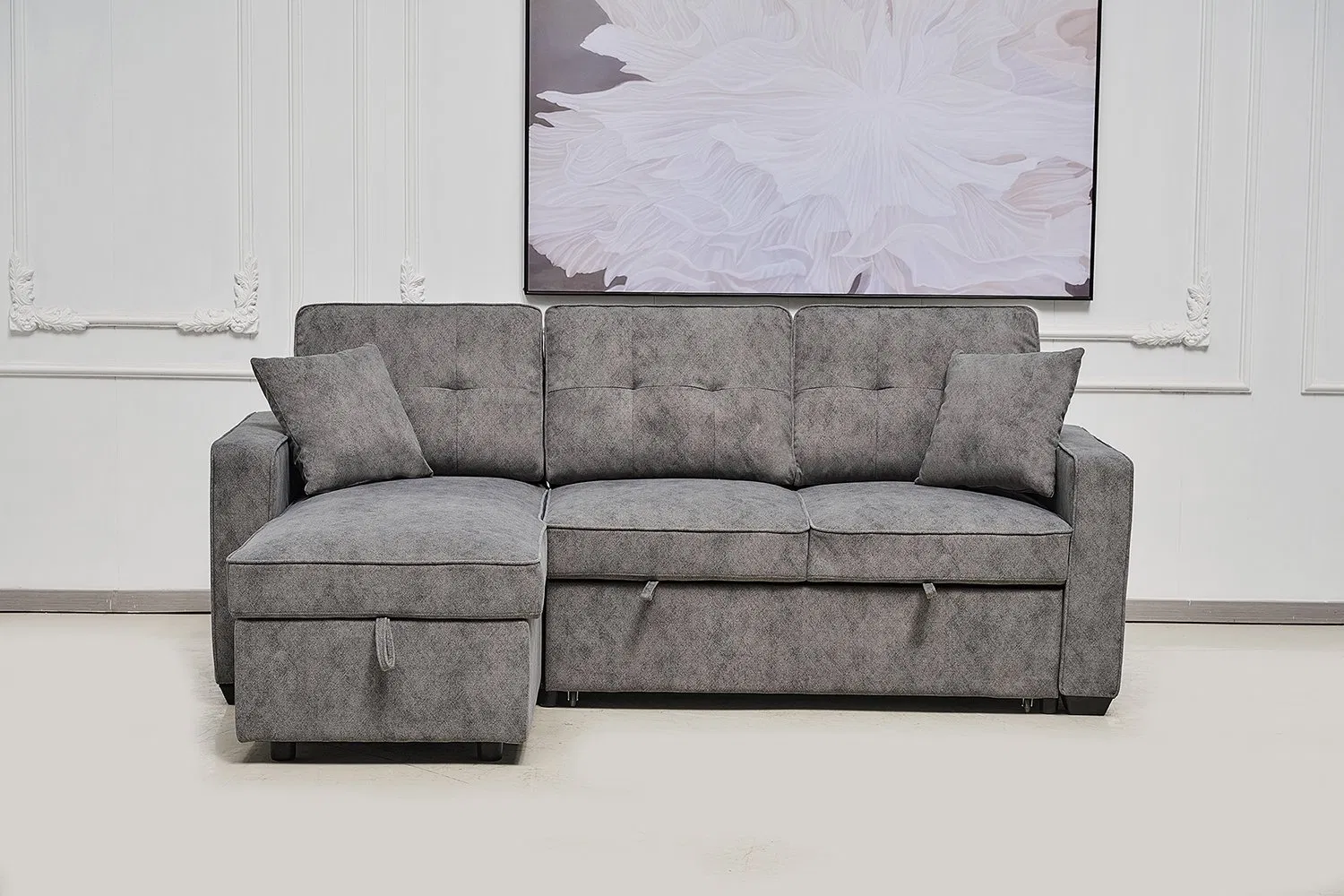 Sofá-cama estofado com chaise de armazenamento, sofá em L