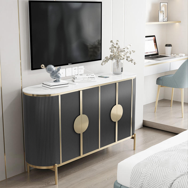 Mesa de console de madeira com design luxuoso, tampo de mármore, aparador com pernas de ouro moderno para sala de estar