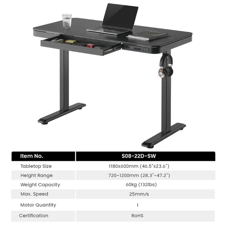 Mesa de jogos elétrica ergonômica ajustável em altura com motor único inteligente, com gaveta e portas USB, para escritório em casa e computador portátil, com elevação para sentar e ficar em pé