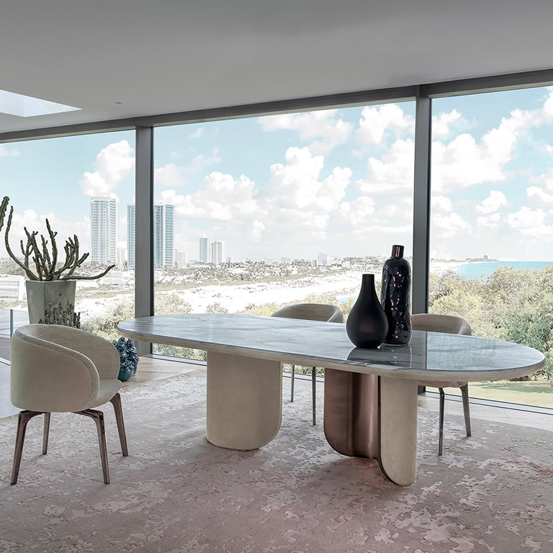 Mesa de Jantar Oval de Mármore Luxuosa com Pedestais Duplos e Pernas de Metal para Decoração de Villa