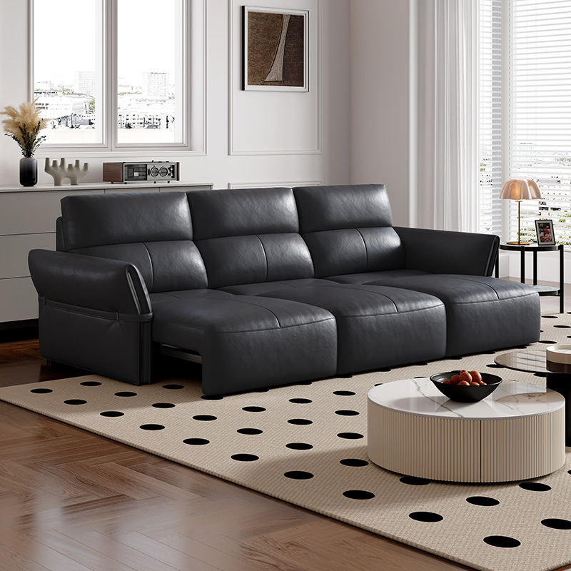 Sofá Cama Chaise Lounge em L de Couro Genuíno Marrom Minimalista com Reclinável