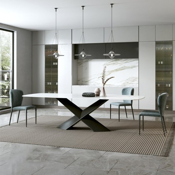 Conjunto de Jantar em Pedra Sinterizada Estilo Italiano com Tampão de Mesa em Pedra Carrara