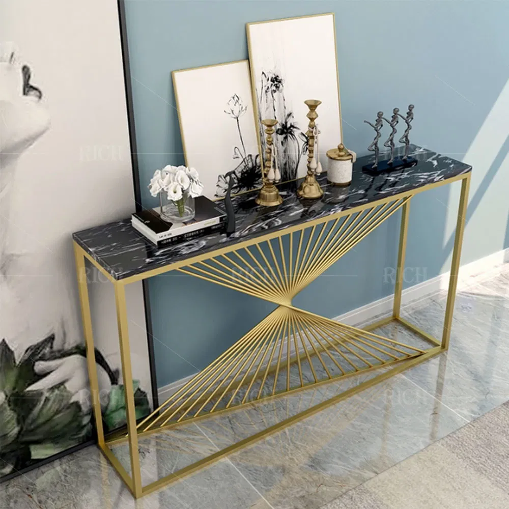 Mesa de Entrada de Mármore Branco com Estrutura de Metal Inoxidável Dourada