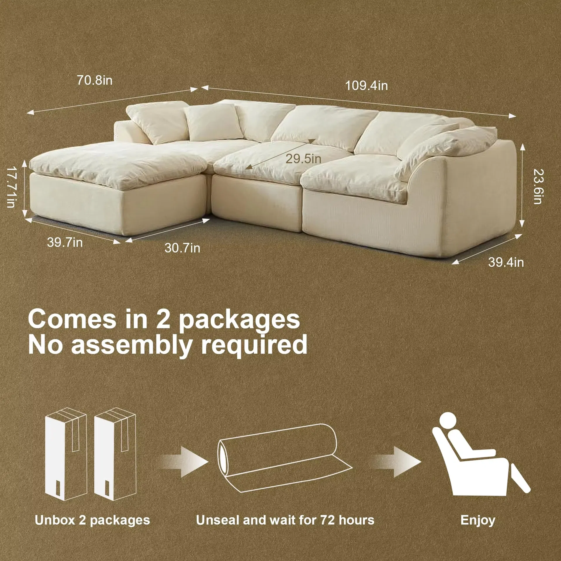 Sofá Compress de Assento Profundo Oversized em Forma de L Moderno 3-Seater