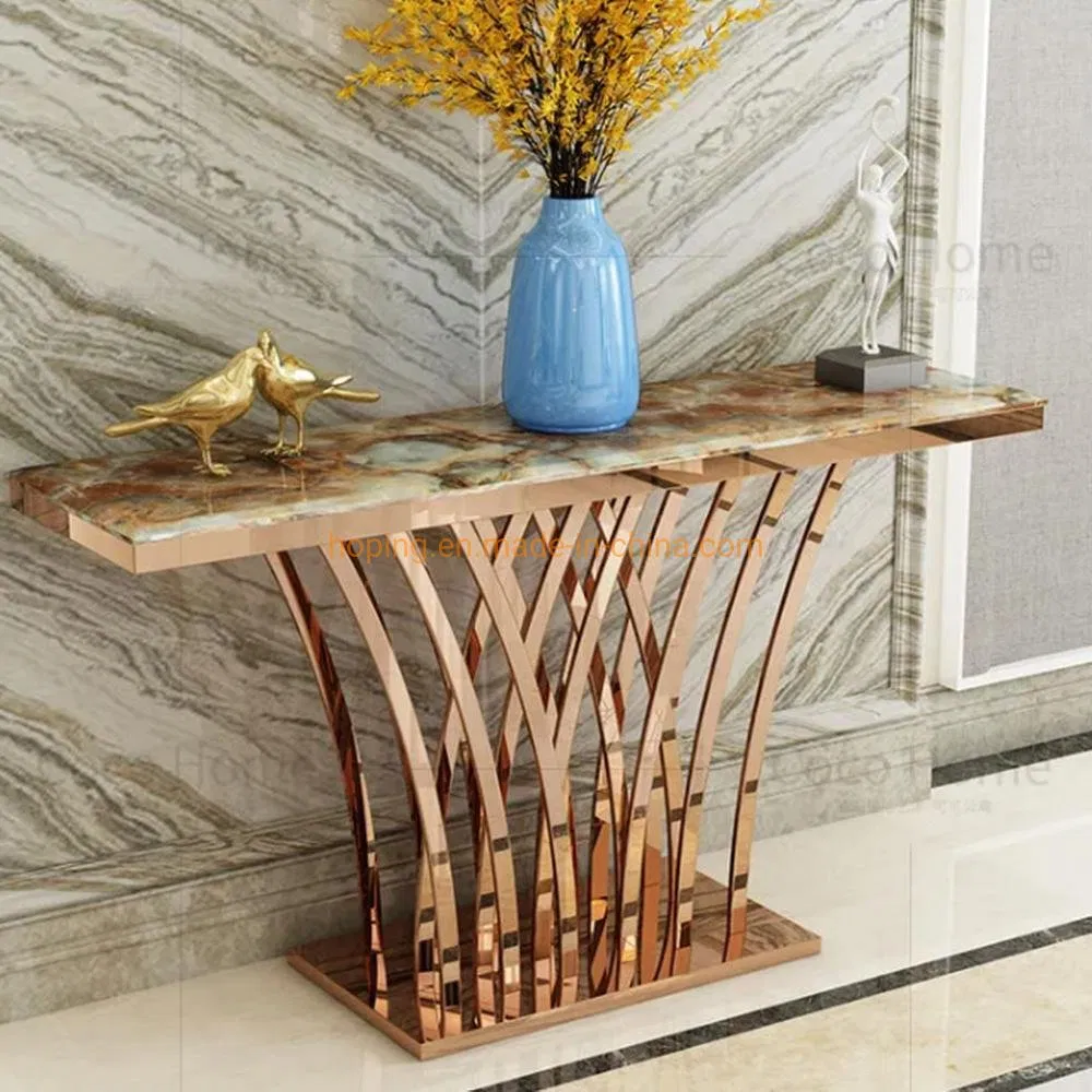 Mesa de console com tampo de mármore e estrutura de aço inoxidável dourado em forma de grama para decoração de corredor de hotel